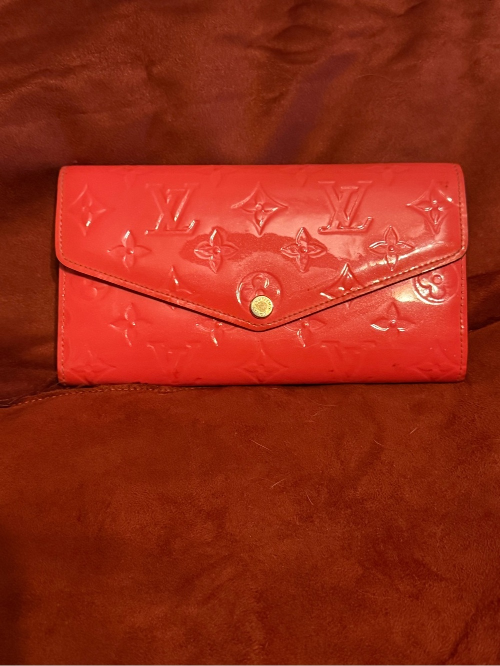 Louis Vuitton neon orange Patent Monogram Envelope Wallet